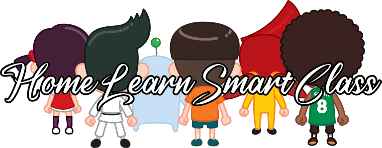 5명의 홈런 캐릭터들이 등을 보인 채 나란히 서 있습니다. 그 위로 'Home Learn Smart Class'라는 문구가 필기체로 쓰여있습니다.