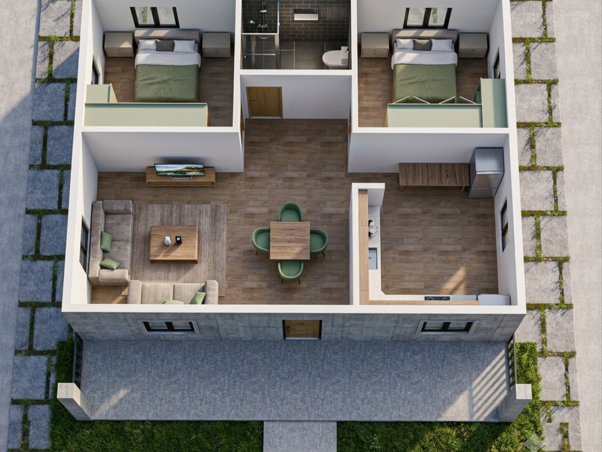 Modern Compact 2-Bedroom Single-Story House Plan with Open-Concept Living