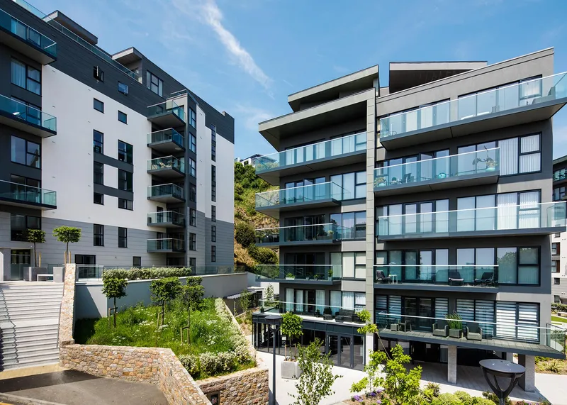 Blue skies at The Westmount apartments development at St Helier Jersey