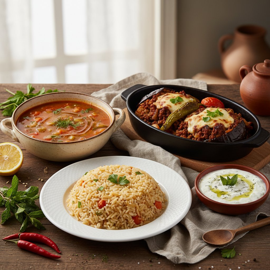 Sebze Çorbası - Karnıyarık - Pirinç Pilavı- Cacık
