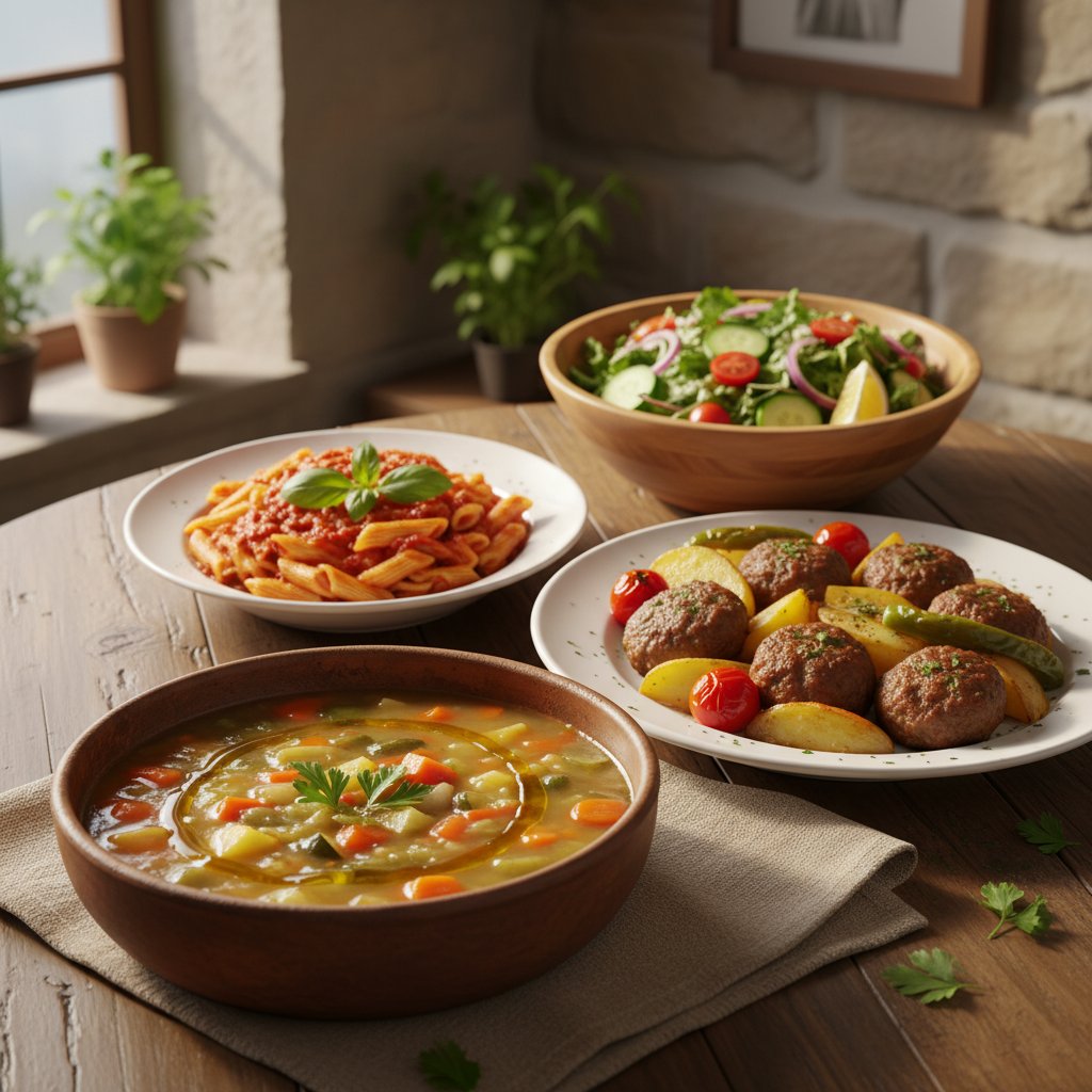 Sebze Çorbası- Fırında Köfte Patates- Salçalı Makarna- Salata