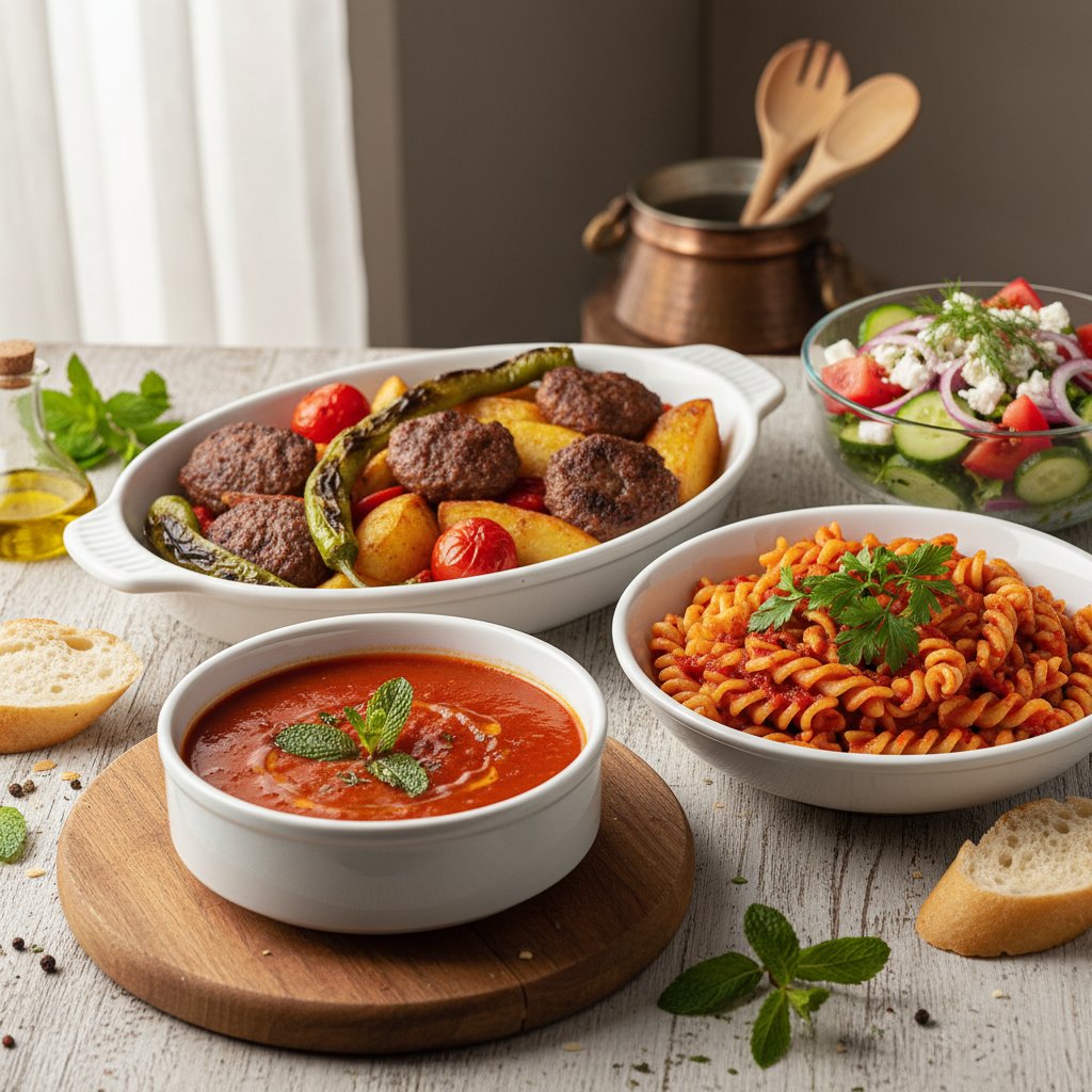 Ezogelin Çorba- Fırında Köfte Patates- Salçalı Makarna- Salata