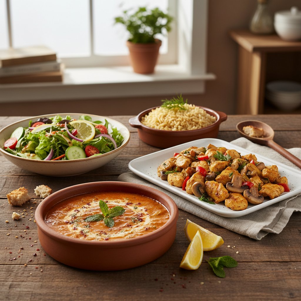 Ezogelin Çorbası- Tavuk Sote/Mantarlı- P.Pilavı- Salata