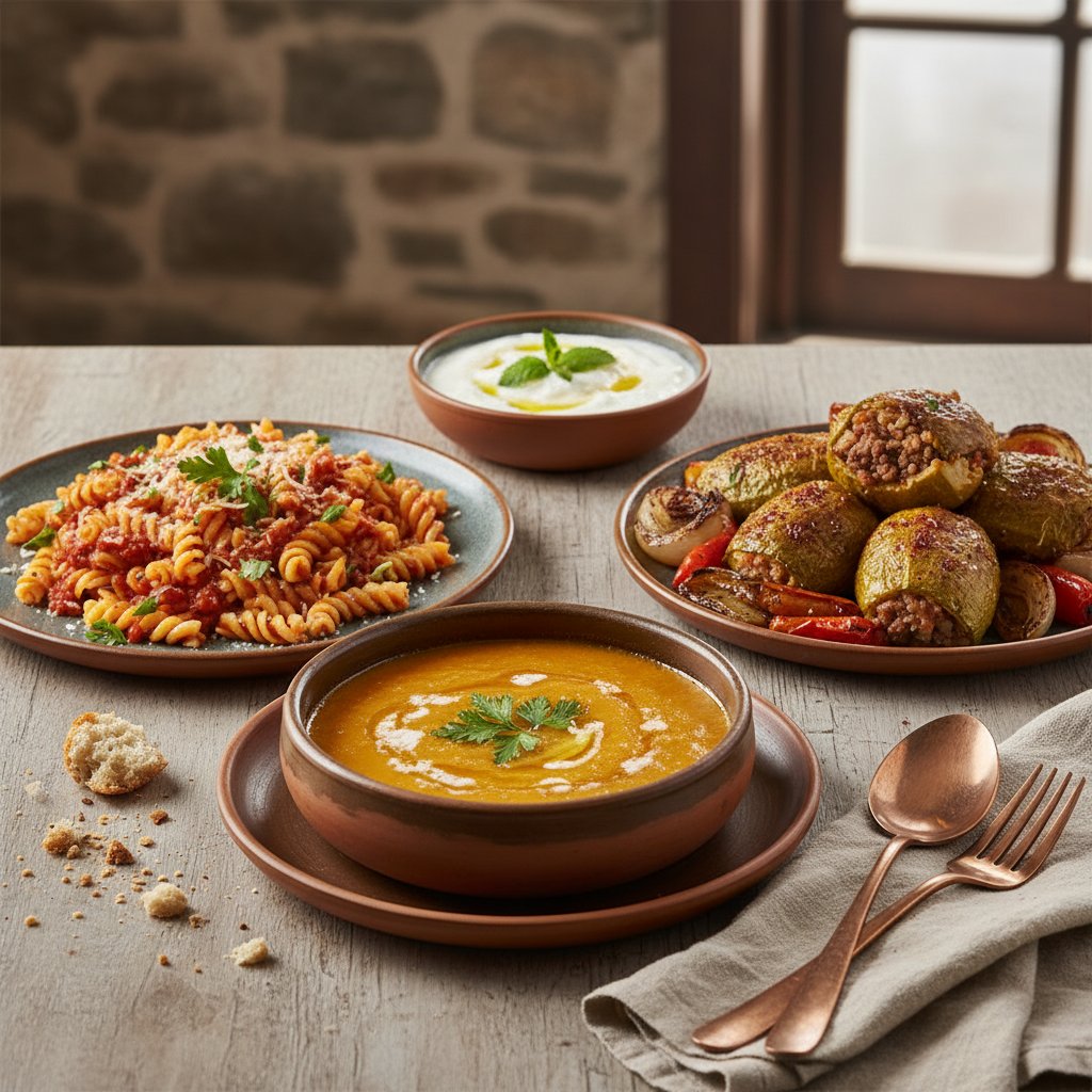 Arabaşı Çorbası-Kabak Dolma- Soslu Makarna- Yoğurt