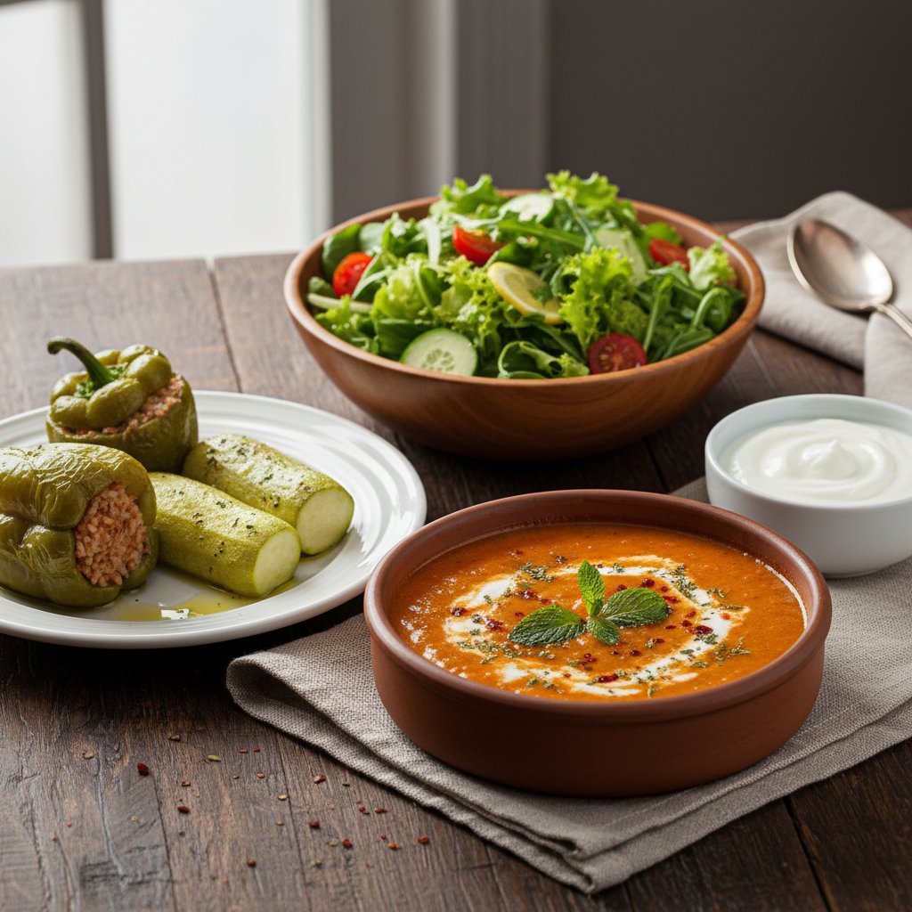 Ezogelin Çorbası- Biber ve Kabak Dolma- Yeşil Salata- Yoğurt