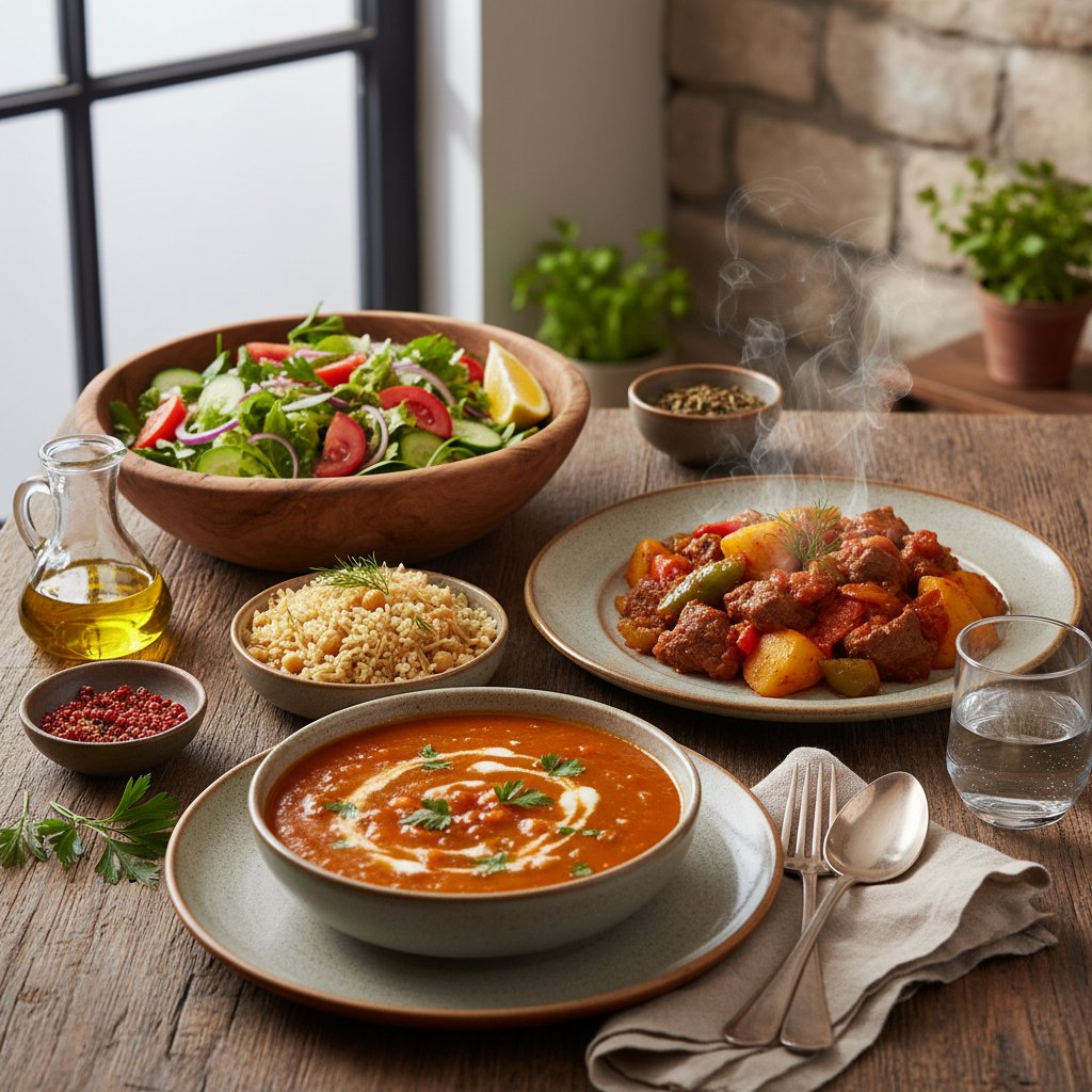 Sebze Çorbası- Etli Patates Yemeği - P.Pilavı- Salata