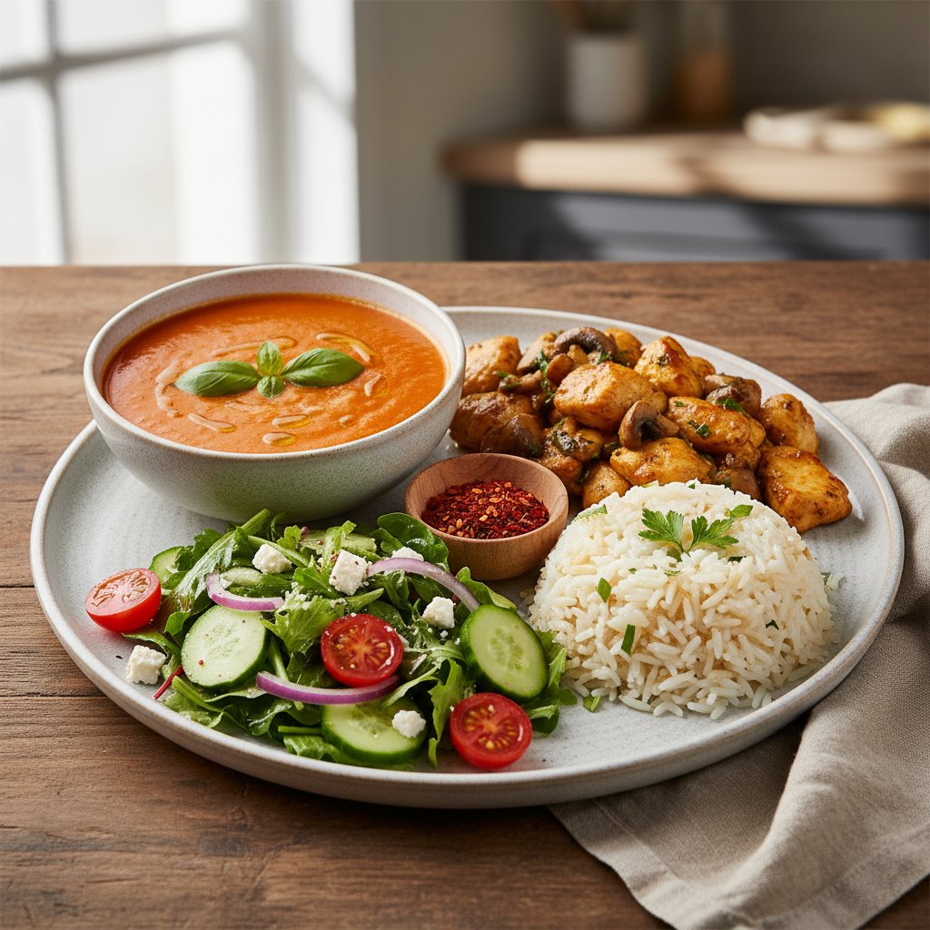 Domates Çorbası- Tavuk Sote/Mantarlı- P.Pilavı- Salata