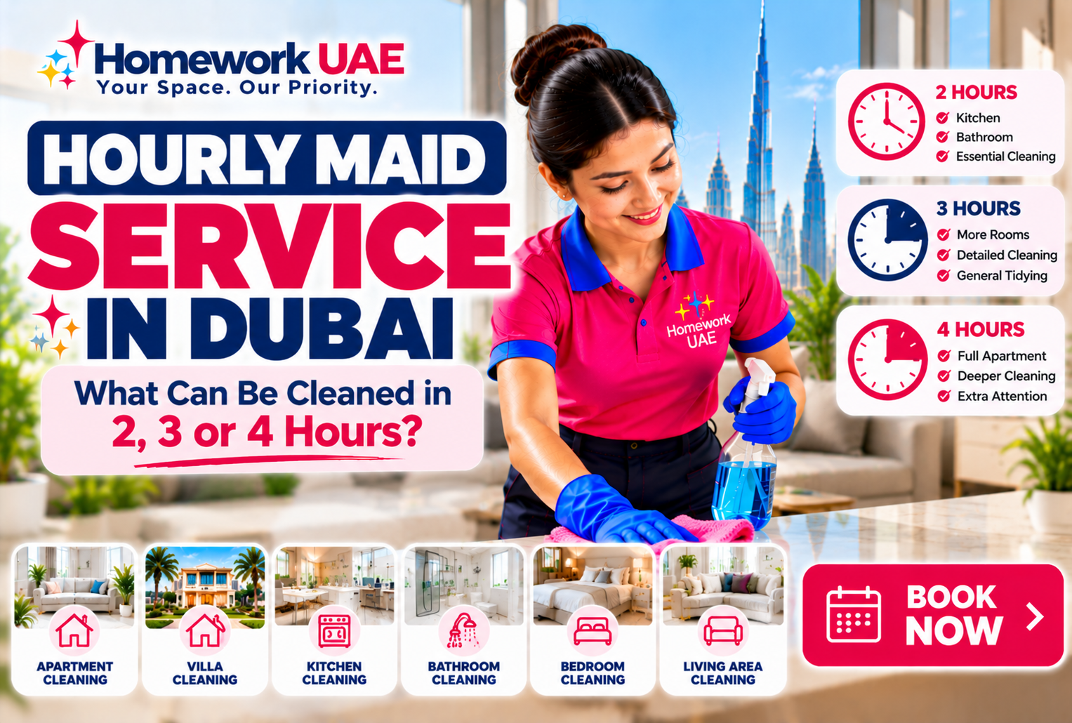 Hourly Maid Service in Dubai: What Can Be Cleaned in 2, 3 or 4 Hours?