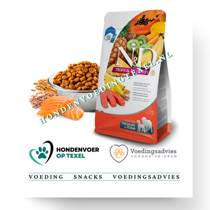 Farmina N&D Tropical Zalm, spelt, haver en tropsich fruit medium&maxi 10 kg