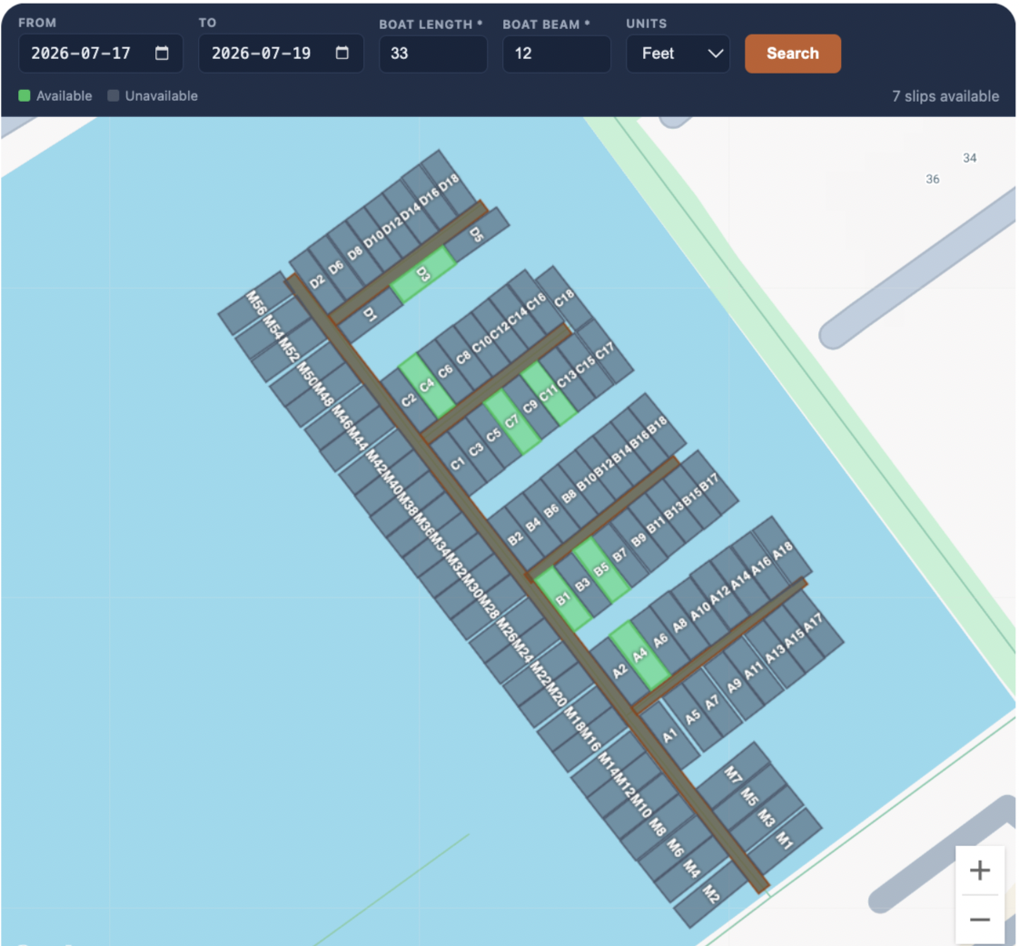 Interactive slip booking map showing available slips