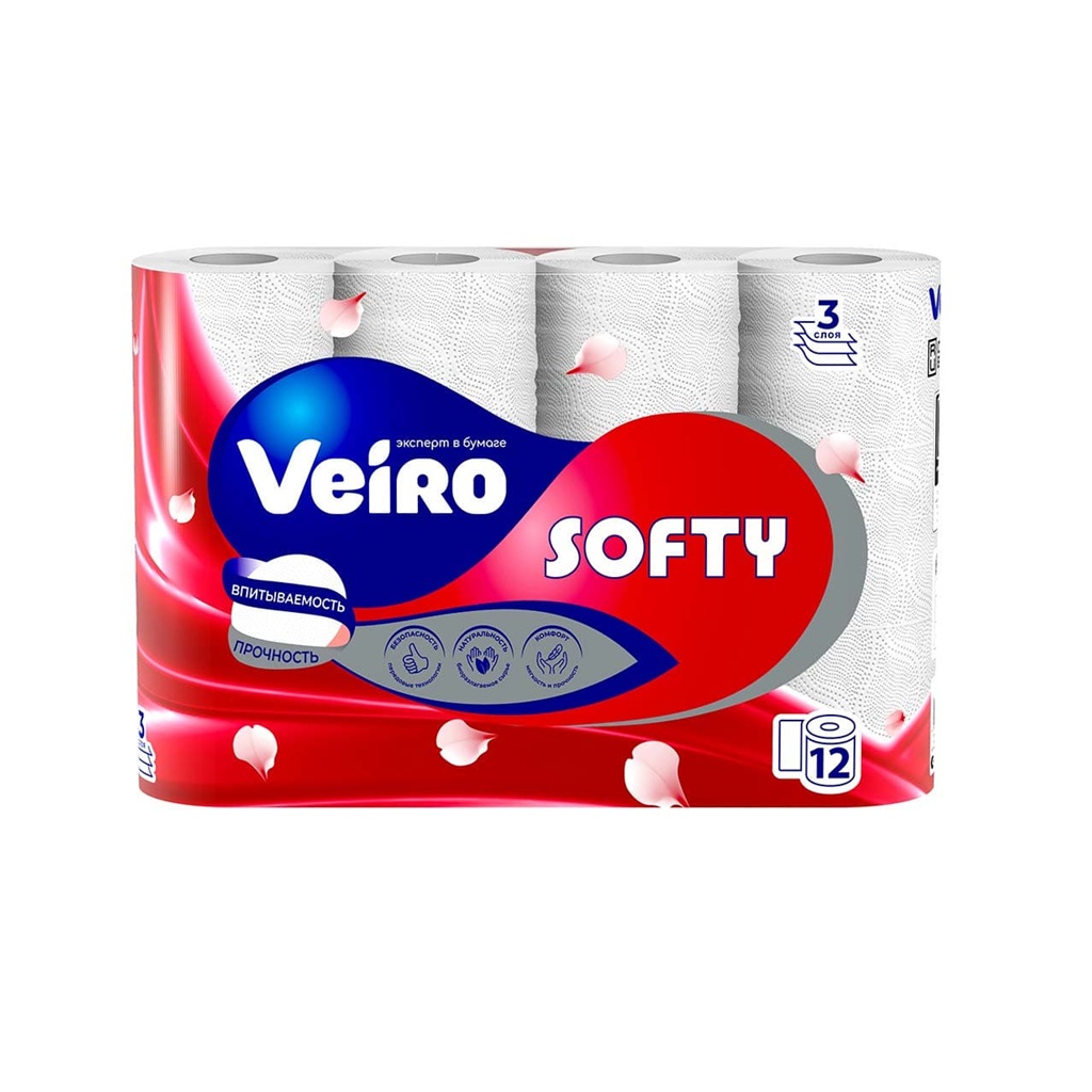 БУМАГА ТУАЛЕТНАЯ VEİRO SOFTY, БЕЛЫЙ, 3-СЛ 6 ПАЧЕК ПО 12 РУЛОНОВ, 72 РУЛ*УПАК