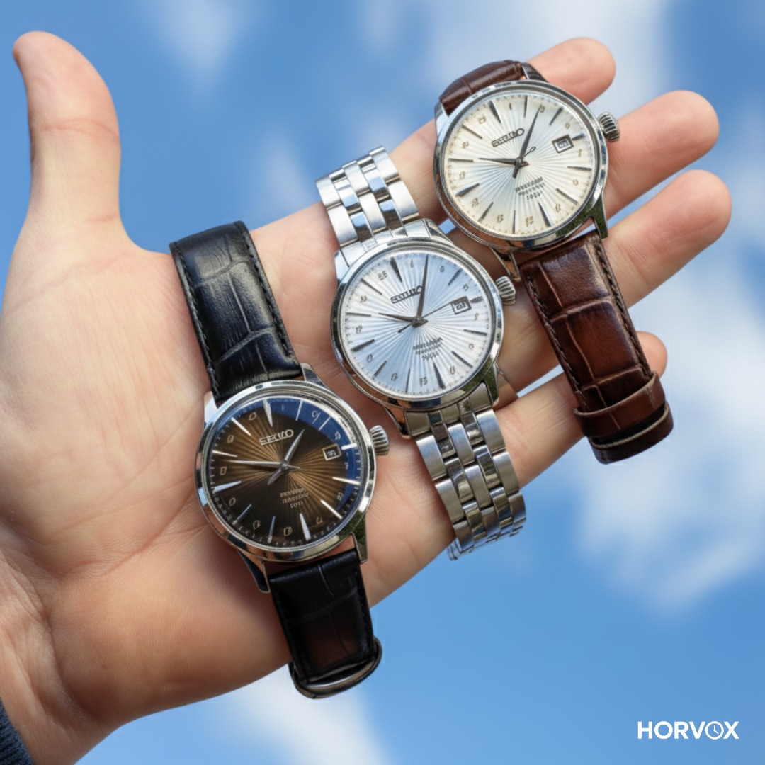 Seiko Presage koleksiyonu, kahverengi, mavi ve gümüş kadranlı otomatik saatler, deri ve metal kayış seçenekleriyle