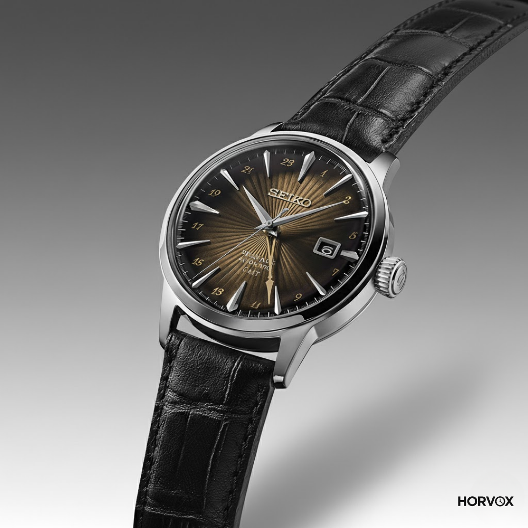 Seiko Presage kahverengi kadranlı otomatik saat, siyah deri kayışlı, lüks erkek kol saati