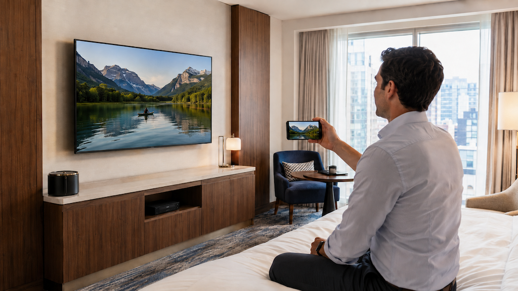 Modern hotel room with a wall-mounted hospitality TV and guest casting from a smartphone - Transworld Hotel Tech