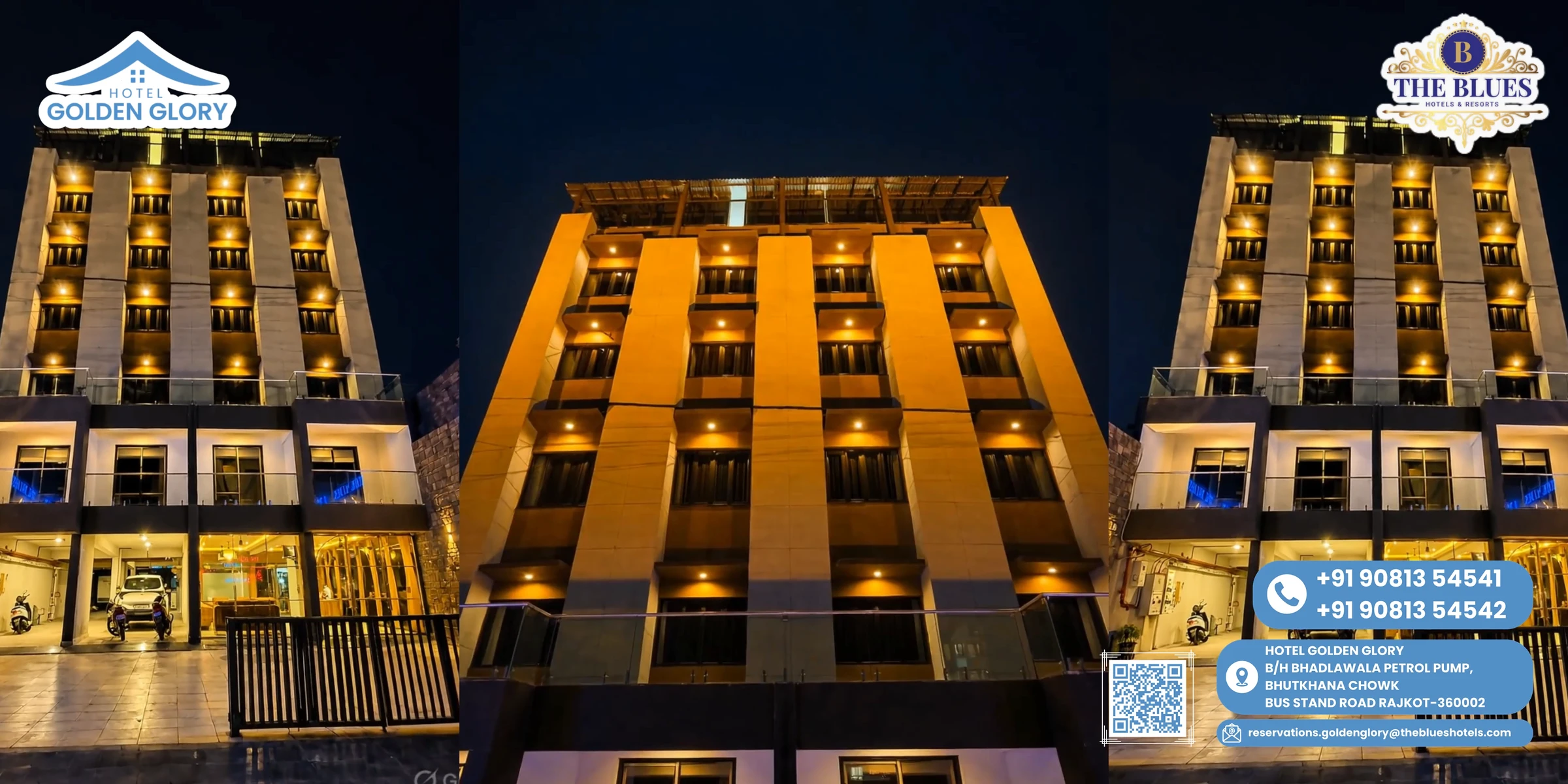 Hotel Golden Glory's facade lit in warm gold at night