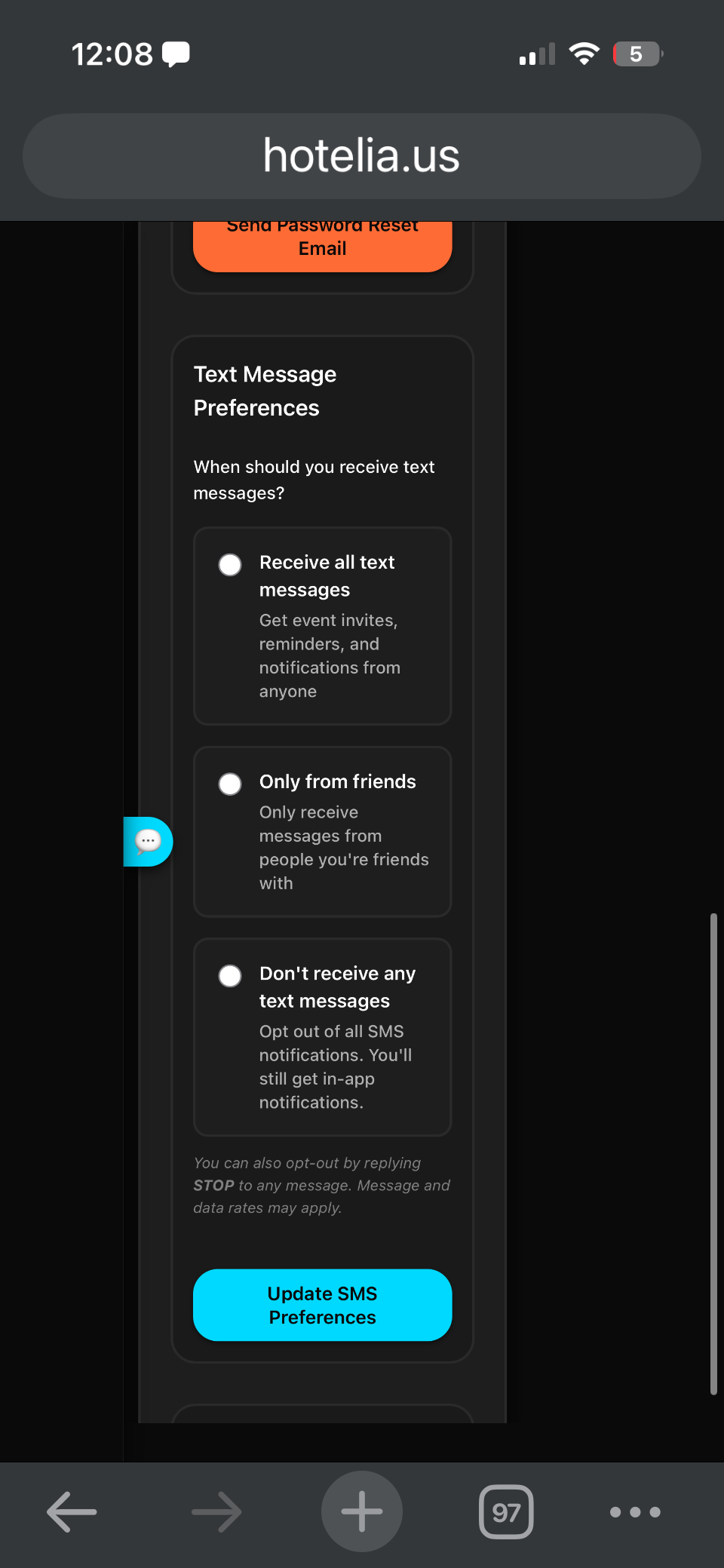 Hotelia settings page showing Text Message Preferences with opt-out option and reply STOP disclaimer.