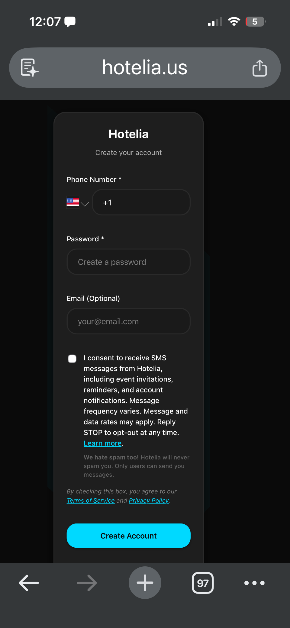 Hotelia signup form showing phone number field and SMS consent checkbox with full text visible.
