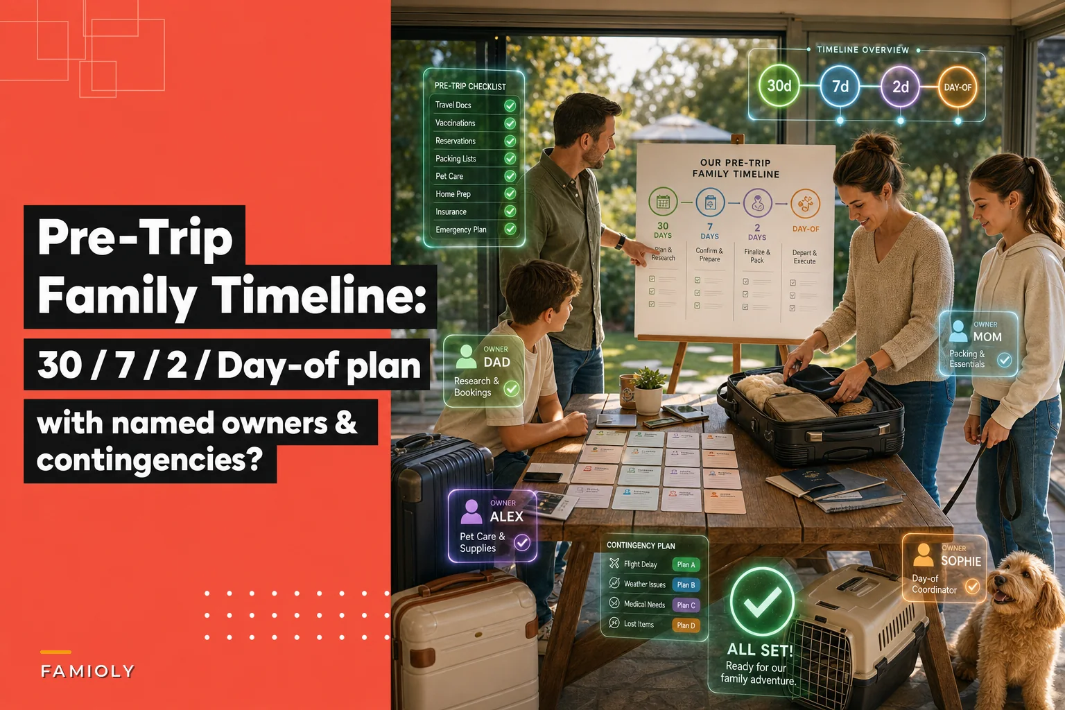 A pre-trip family timeline (30/7/2/day-of) with delegated owners to prevent last‑minute chaos