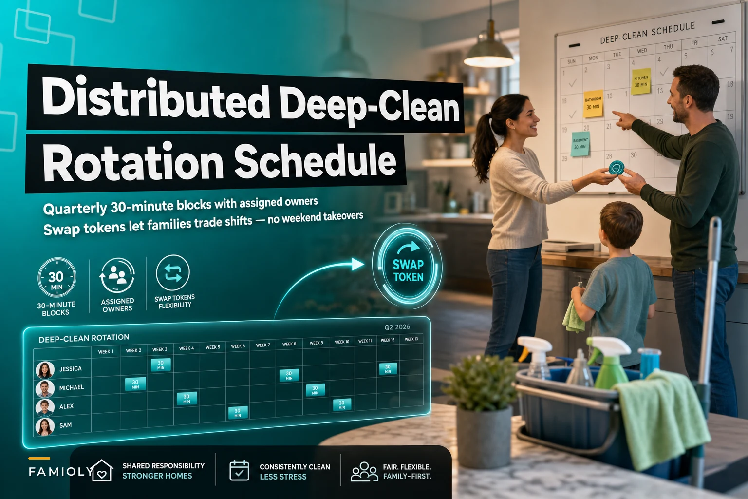 Distributed deep-clean schedule: 30‑minute rotation blocks and owner swaps to avoid weekend takeovers