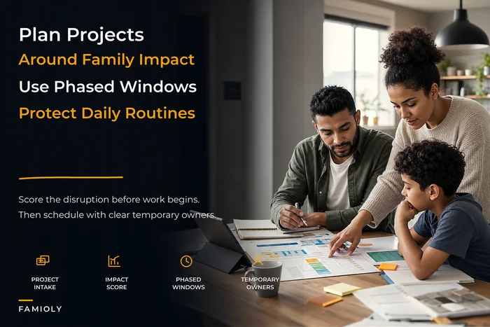 Household project pipeline: intake, family‑impact scoring, and phased windows to protect routines