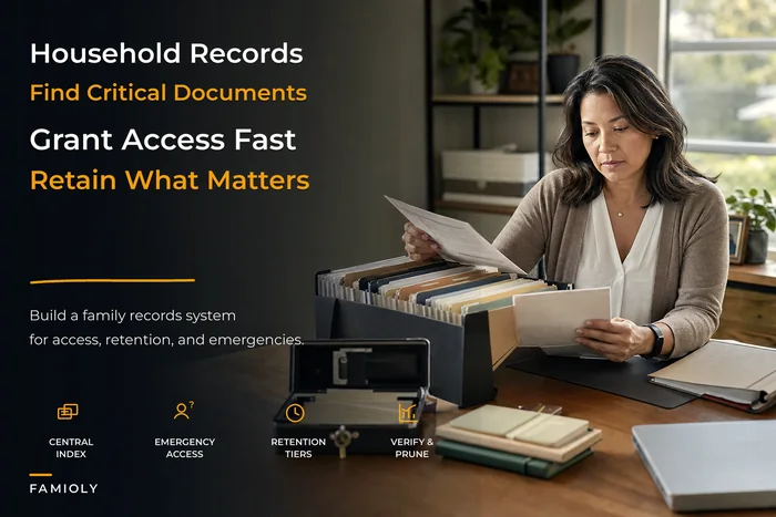 Household records & access OS: index, emergency wallet, and retention rules