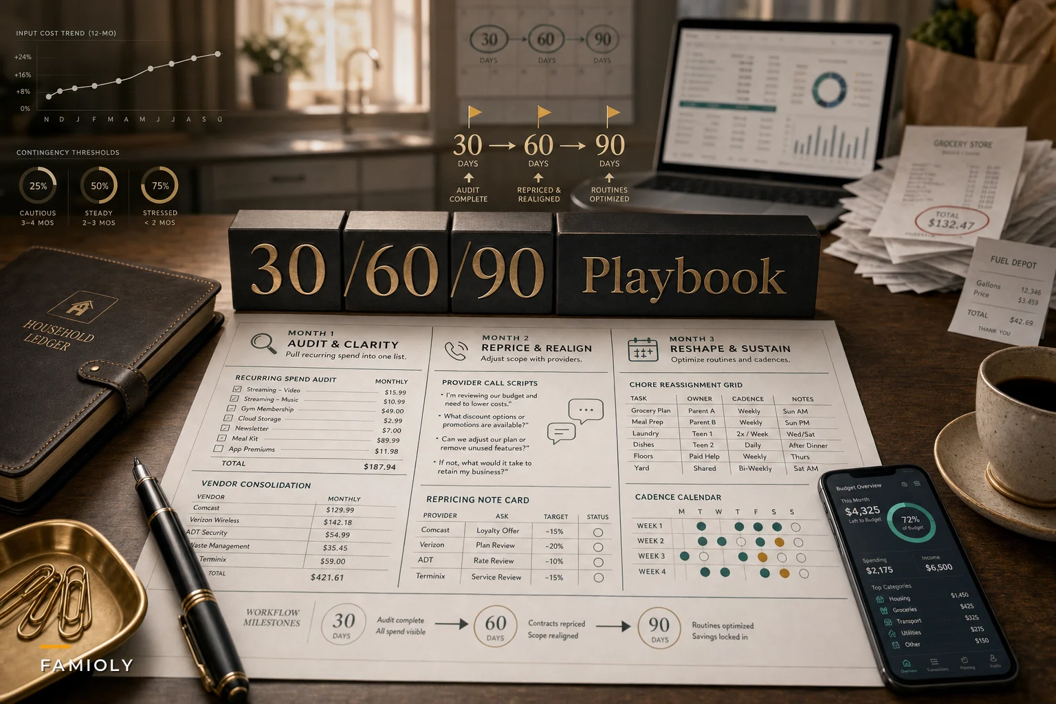 When Rising Input Costs Reach Your Home: A 30/60/90 Playbook to Protect Budgets, Reprice Paid Help, and Keep Routines Intact