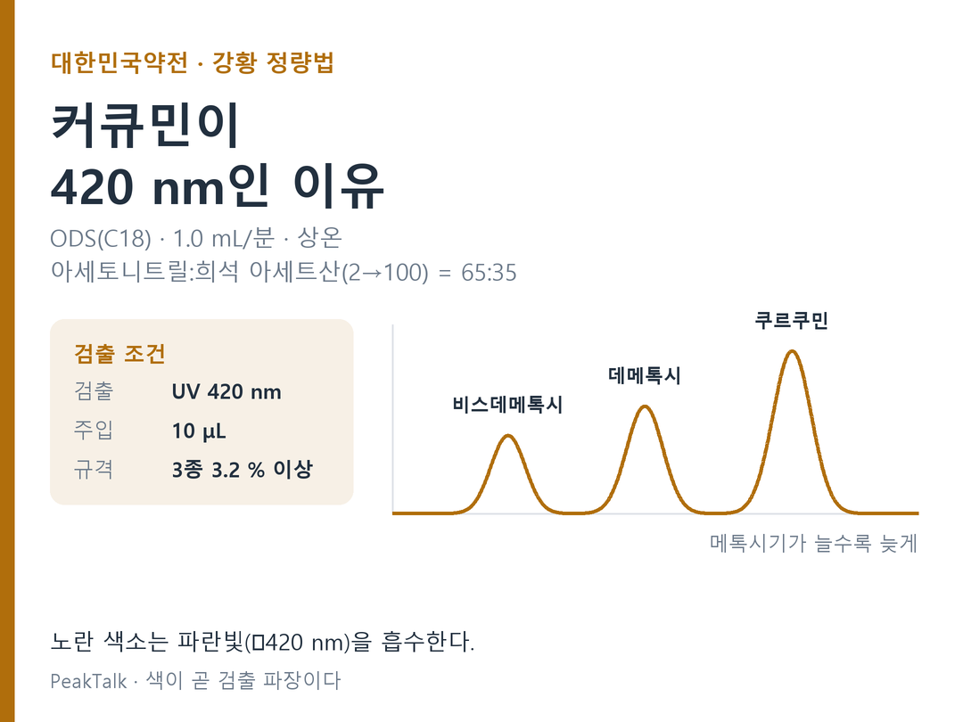 커큐민이 420 nm인 이유 — 눈에 보이는 색이 검출 파장을 알려준다