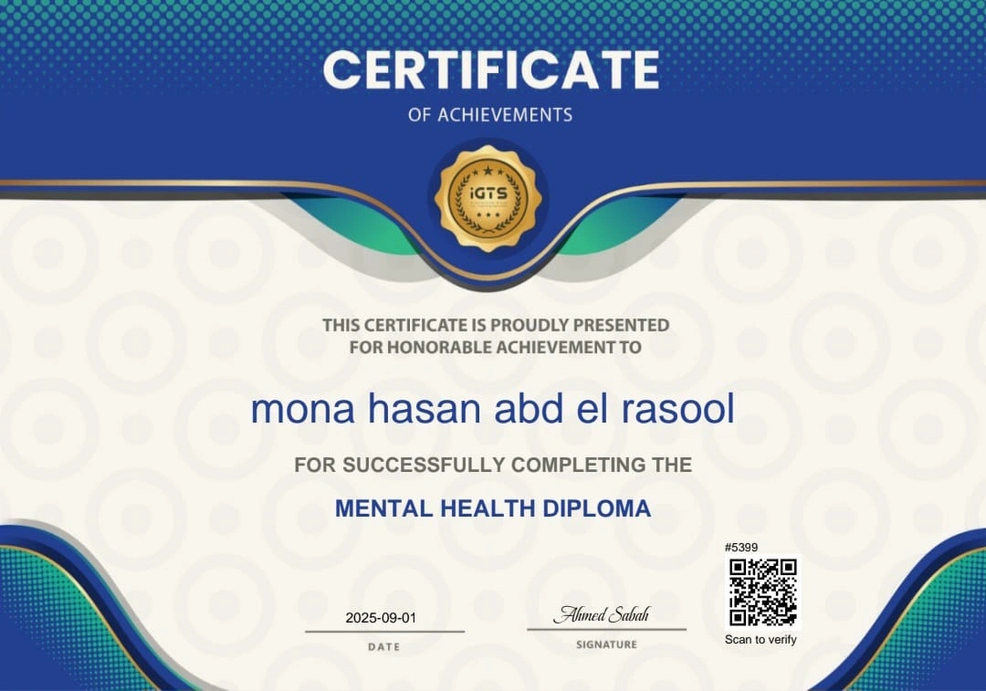 دبلوم الصحة النفسية من مؤسسة iGTS - 2025 - منى حسن عبد الرسول