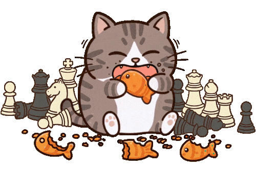 A cat eating fish among chess pieces