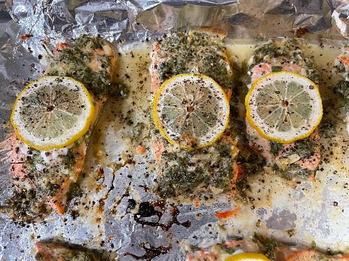 Baked salmon with garlic, parsley and dijon mustard