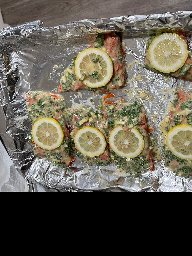 Baked salmon with garlic, parsley and dijon mustard