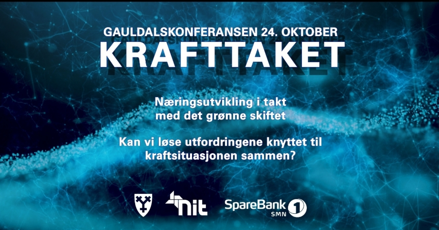 May be a video game screenshot of poster and text that says 'GAULDALSKONFERANSEN 24. OKTOBER KRAFTTAKET Naringsutvikling i takt med det gronne skiftet Kan vi lose utfordringene knyttet til kraftsituasjonen sammen? nit SpareBank SMN'