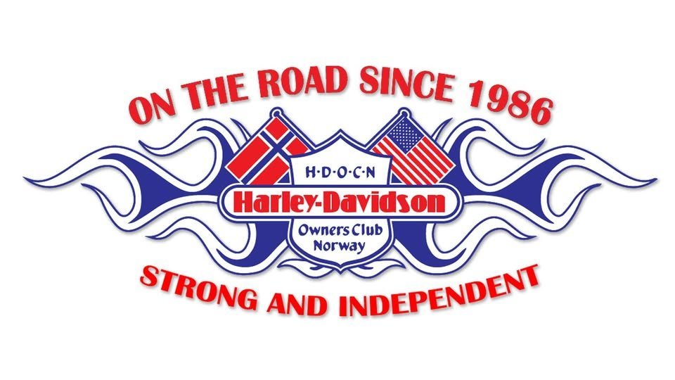 May be an image of motorcycle, road and text that says 'ON THE ROAD SINCE 1986 H-D.O.C.N ለህ Harley Harley-Davidson Owners Club Norway STRONG AND INDEPENDENT'