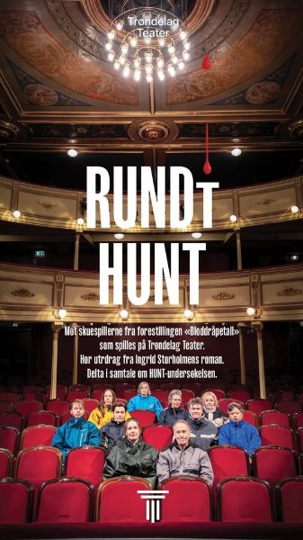 May be an image of text that says 'Trondelag Teater 頭 出力 RUNDT ধम HUNT 12 Met skuespillerne fra for restillingen «Bloddräpetall> som spilles pă Trendelag Teater. Hor utrdrag fra Ingrid Storholmens roman. Delta samtale om HUNT UNT-undersokelsen.'