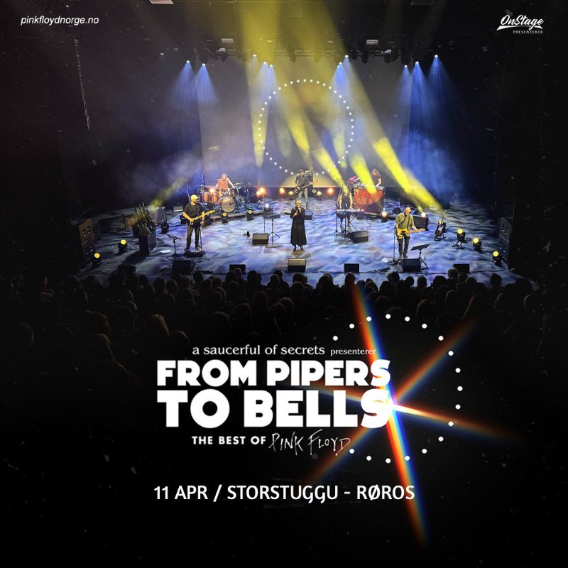 May be an image of ‎trumpet and ‎text that says '‎pinkfloydnorge.no no OnStage MH - PREU a saucerful of secrets presenterer FROM PIPERS TO BELLS THE BEST OF D PINK ما 11 APR STORSTUGGU 11APR/STORSTUGÇU-ROROS ROROS‎'‎‎
