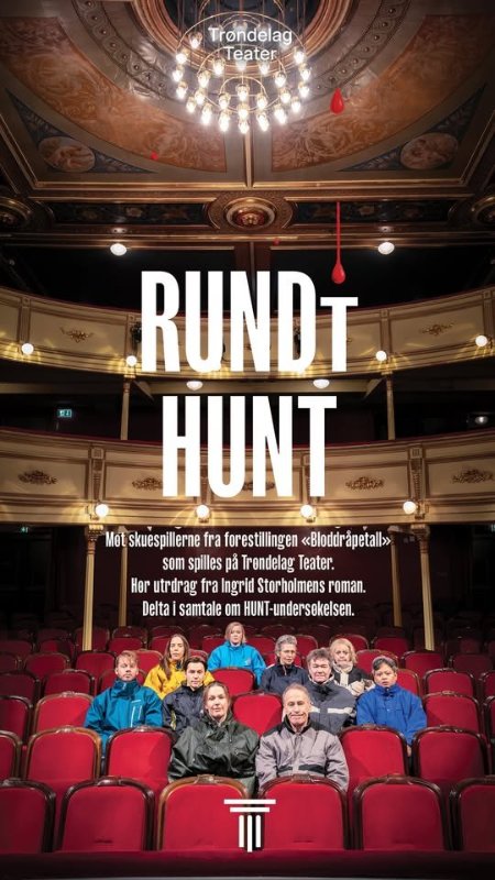 May be an image of text that says 'Trondelag Teater 頭 出力 RUNDT ধम HUNT 12 Met skuespillerne fra for restillingen «Bloddräpetall> som spilles pă Trendelag Teater. Hor utrdrag fra Ingrid Storholmens roman. Delta samtale om HUNT UNT-undersokelsen.'