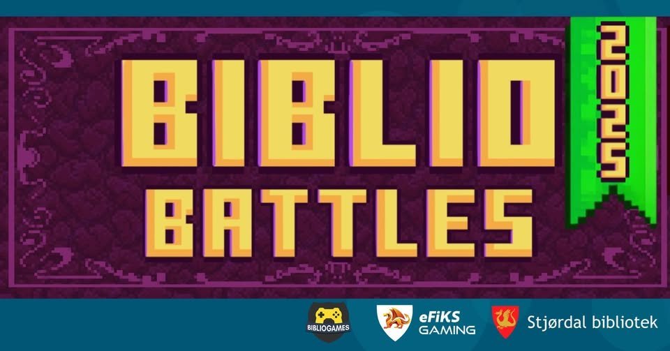 May be an image of video games and text that says "2 BIBLID 밀 BATTLES BIBLIOGAMES eFiks GAMING i Stjordal bibliotek"