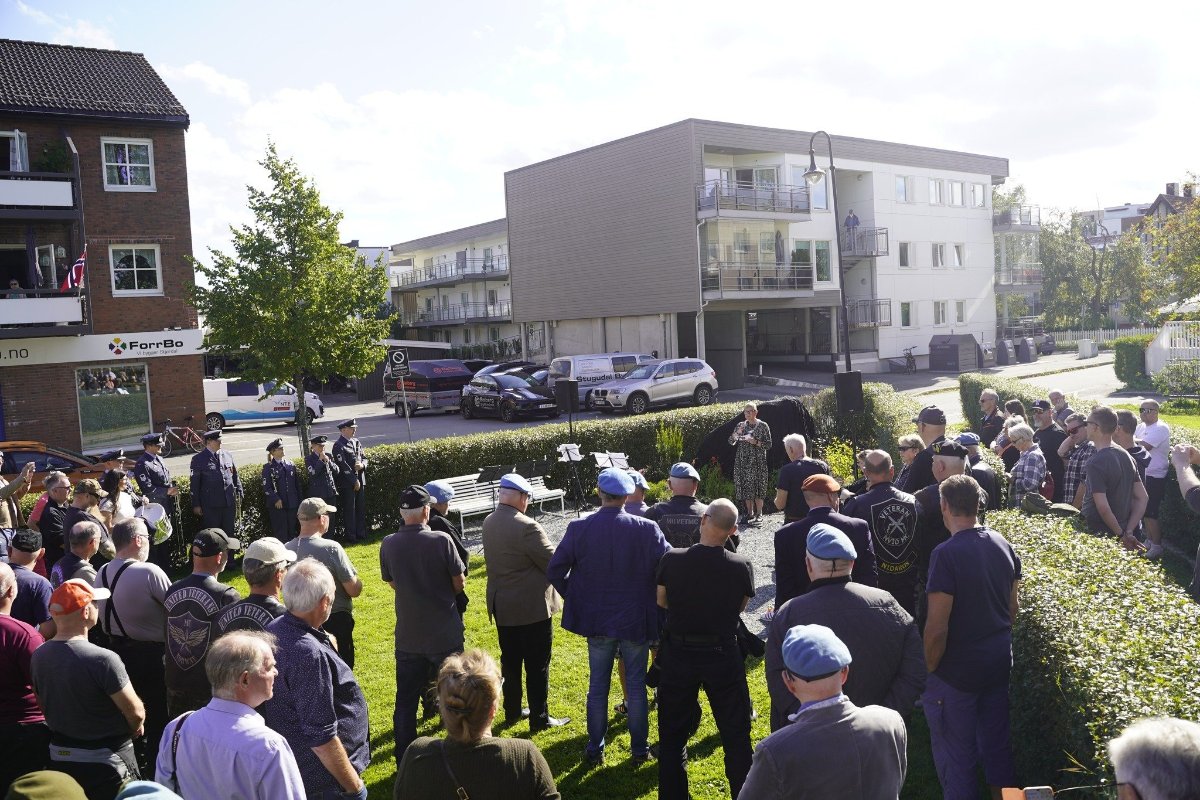 En stor folkemengde som deltar på avdukingen av steinen i Paveljongparken, det er strålende sol.