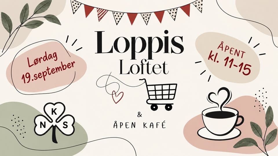 May be a doodle of text that says 'Lordag 11, Loppis 19.september Lordag Loftet වീල KI. 11-15 APENT & APEN APENKAFÉ KAFÉ'