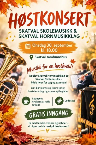 May be an image of violin, saxophone, clarinet, trumpet and text that says "HOSTKONSERT SKATVAL SKOLEMUSIKK & رم SKATVAL HORNMUSIKKLAG Onsdag 30. september kl. 18.00 Skatval samfunnshus Musikk for en hostkveld! Opplev Skatval Hornmusikklag og Skatval Skolemusikk- bảde hver for seg og sammen! Det blir kjente og kjaere toner, hoststemning og masse spilleglede. くくく I pausen: Kveldsmat, kaffe og kake Loddsalg GRATIS INNGANG Ta med familie, venner og naboer- vi haper du blir med pả hostkonsert! ៩"