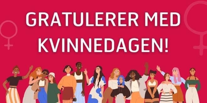 Teksten "gratulerer med kvinnedagen!" og illustrasjoner av flere forskjellige kvinner.