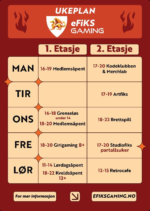 eFiKS Gaming Ukeplan: Mandag 1. Etg Medlemsåpent (kl 16-19), 2. Etg Kodeklubben og Merchlab (kl 17-20); Tirsdag 2. Etg ARTFiKS (kl 17-19); Onsdag 1. Etg Grenseløs (kl 16-18) under 14, Medlemsåpent (kl 18-20), 2. Etg Brettspill (kl 18-22); Fredag 1. Etg Girgaming (kl 18-20) 8+, 2. Etg Studiofiks (kl 17-20) partallsuker; Lørdag 1. Etg Lørdagsåpent (kl 11-14), Kveldsåpent (kl 18-22) 13+, 2. Etg Retrocafe (kl 12-15)