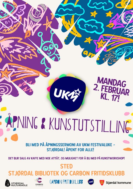 Åpning av UKM-uke og kunstutstilling på Carbon fritidsklubb. Åpent for alle! Mandag 2. februar kl. 17-20. Det vil bli salg av kaffe og noe ekstra, samt mulighet til å delta på en kunst workshop. 