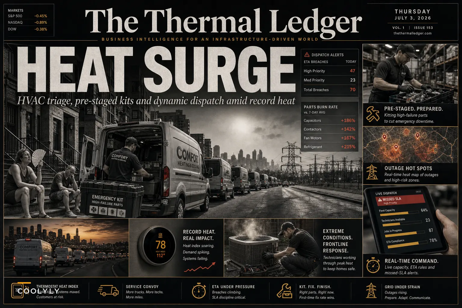 How HVAC Businesses Should Operate During a Record Heat Wave: Triage, Pre‑stage Parts, and Dispatch Playbook for Managing Surge Demand and Grid Risks