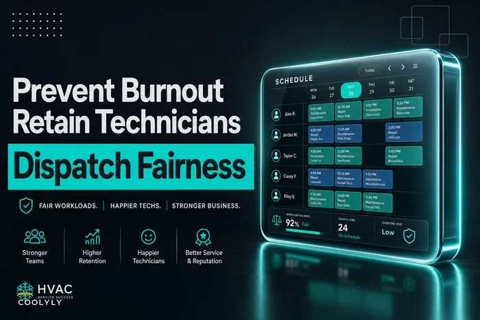 Prevent technician burnout and retention loss: dispatch fairness rules, workload caps and recovery scheduling for HVAC teams