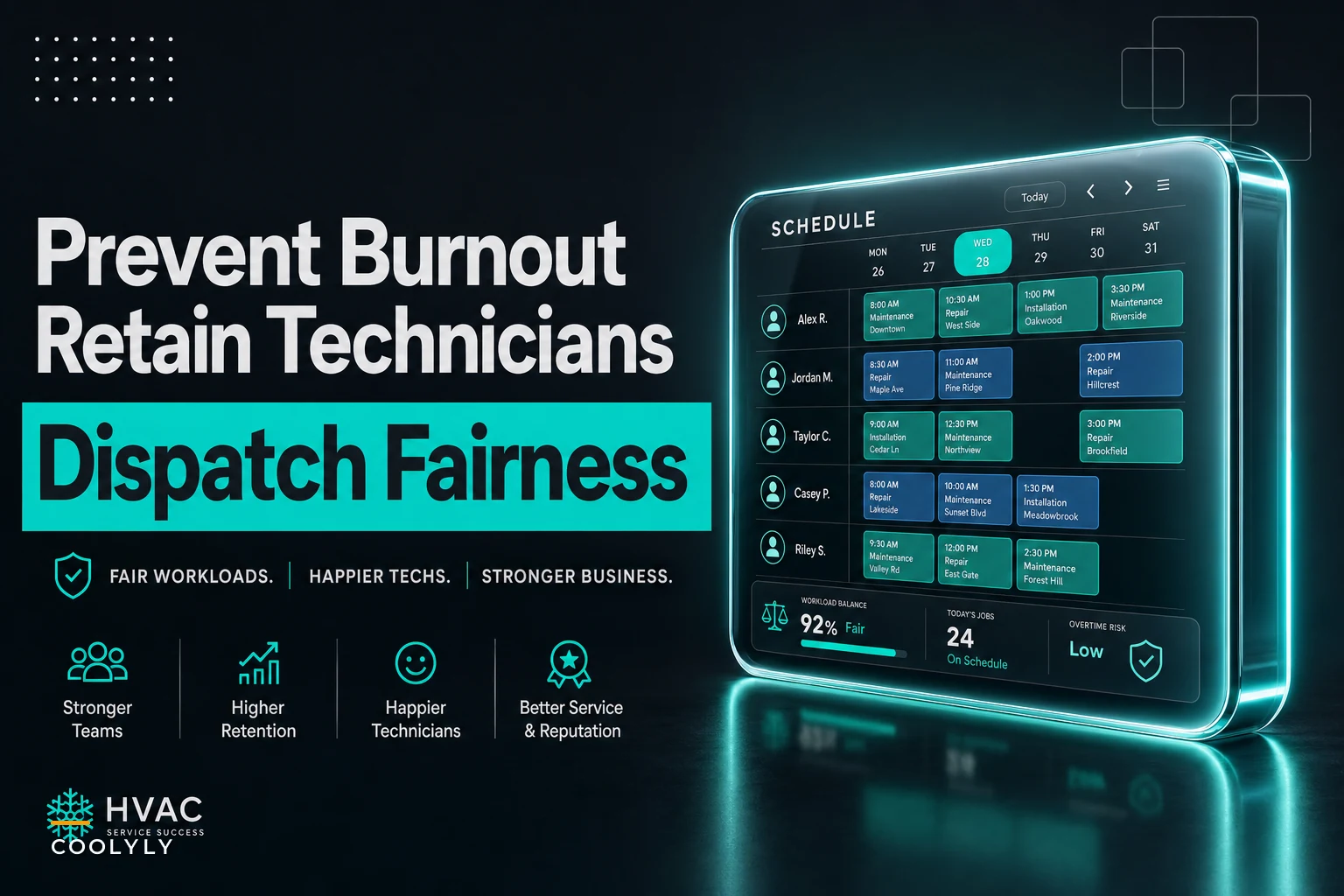 Prevent technician burnout and retention loss: dispatch fairness rules, workload caps and recovery scheduling for HVAC teams