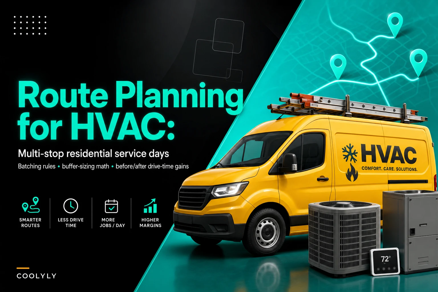 Route planning for multi-stop residential service days: batching rules and buffer math for HVAC