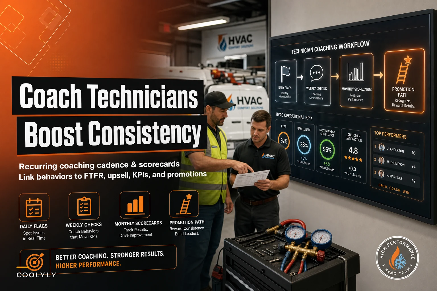 Turn field techs into consistent performers: a technician coaching and performance-review system tied to HVAC operational KPIs