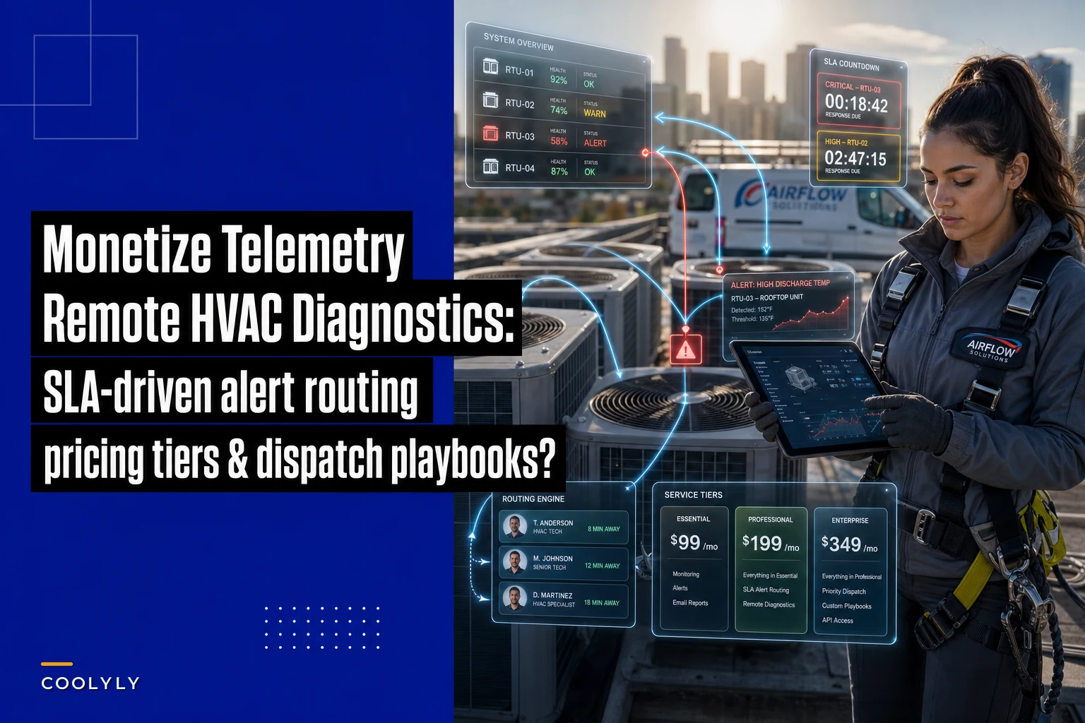 Turn sensor data into a paid service: productize HVAC remote diagnostics with SLAs, alert routing and pricing tiers