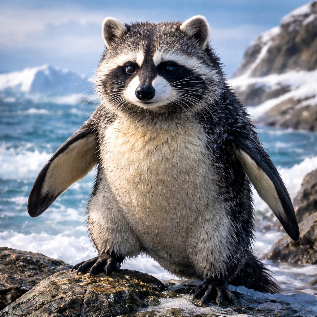Racquenguin, hybrid of Raccoon and Penguin